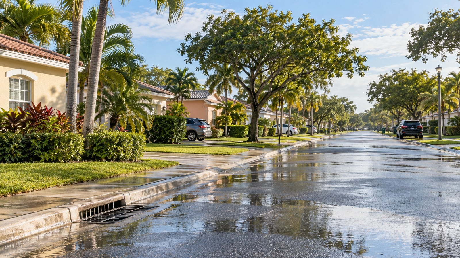 Representative Miami-Dade residential street with stucco homes, tropical trees and a drainage inlet after rain