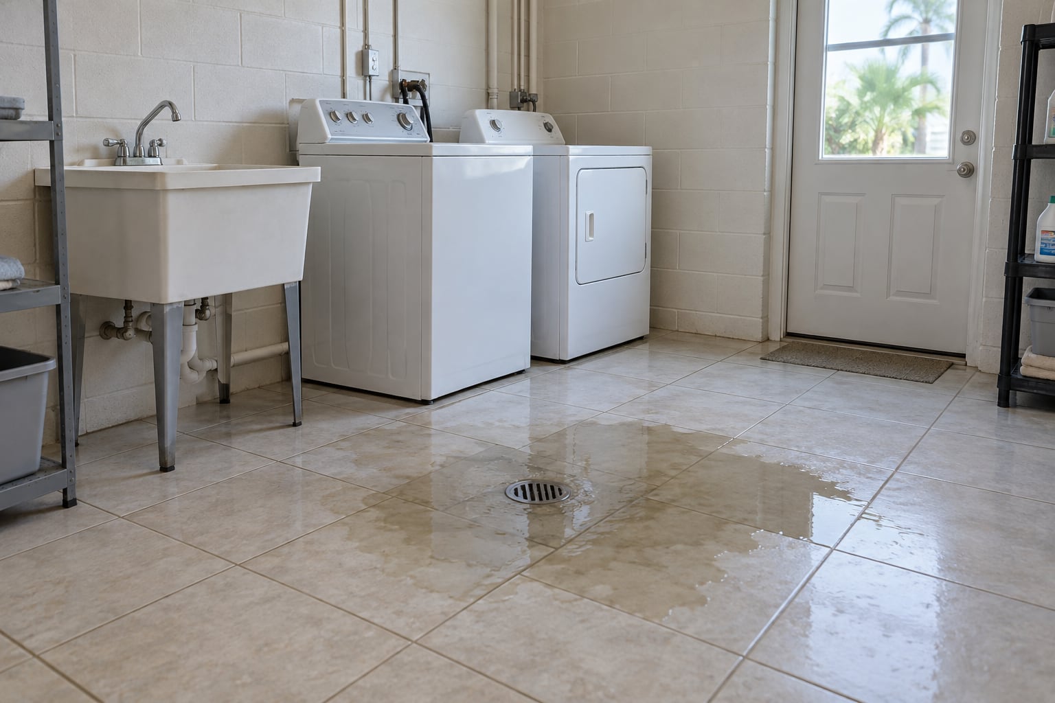 Representative laundry-room floor drain with a small area of murky backed-up water