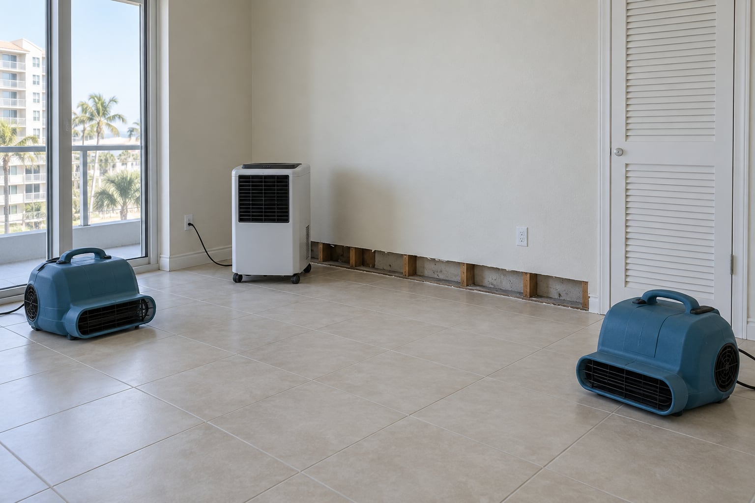 Representative room with unbranded air movers and a dehumidifier near an opened baseboard area
