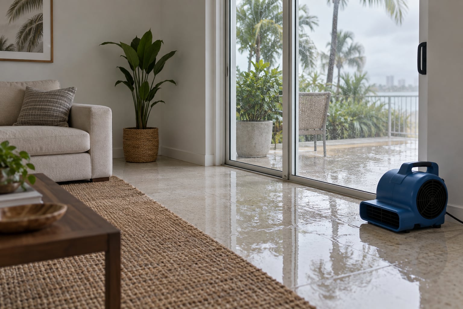 Representative South Florida living room with water at a sliding-door threshold and an unbranded air mover